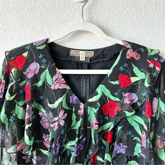 Vintage Holly Harp Ruffle Layered Tiered Floral Dress in Black Size Medium 80s - Picture 4 of 10